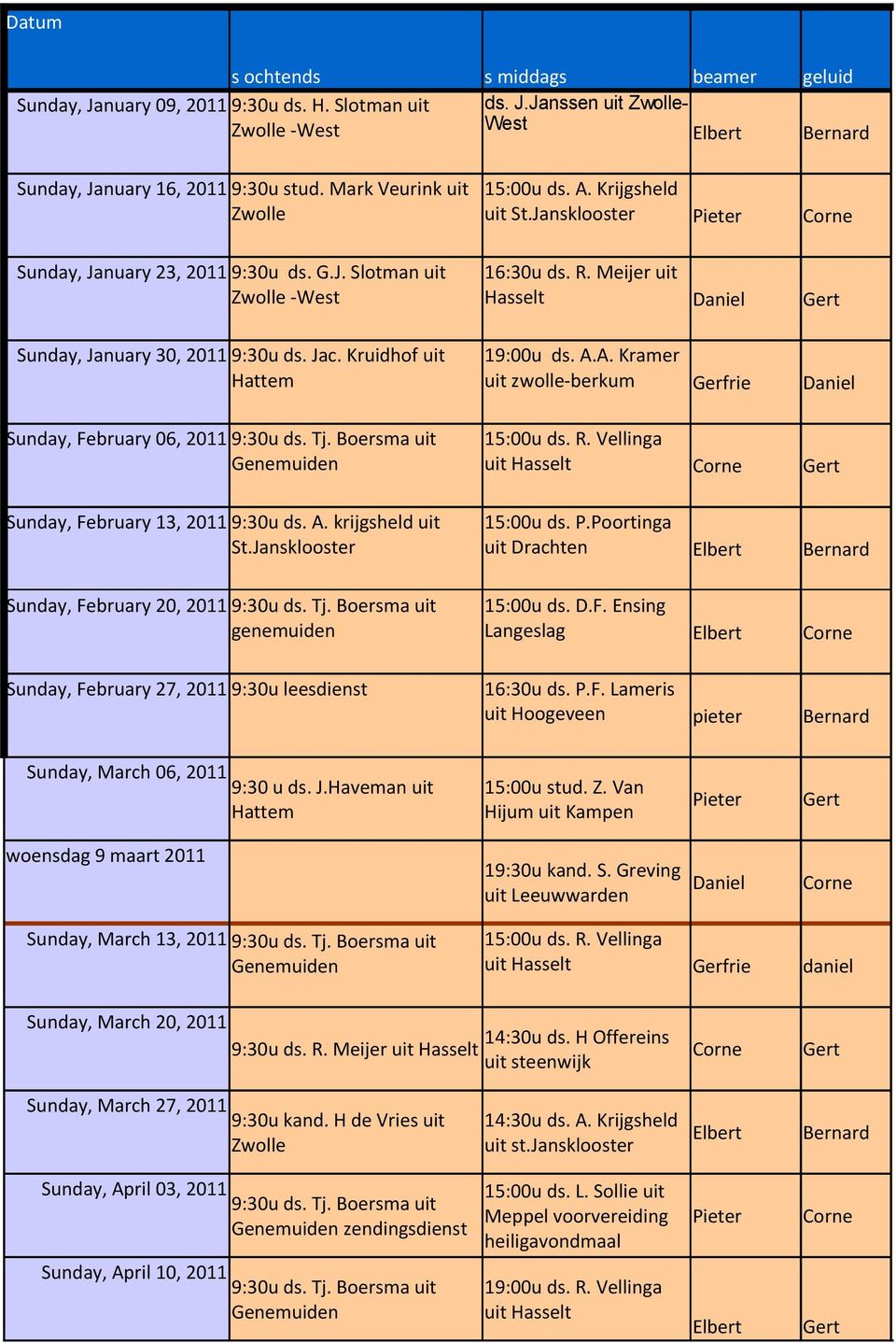A. Kramer uit zwolle-berkum Gerfrie Sunday, February 06, 2011 9:30u ds. Tj. Boersma uit 15:00u ds. R. Vellinga uit Sunday, February 13, 2011 9:30u ds. A. krijgsheld uit St.Jansklooster 15:00u ds. P.