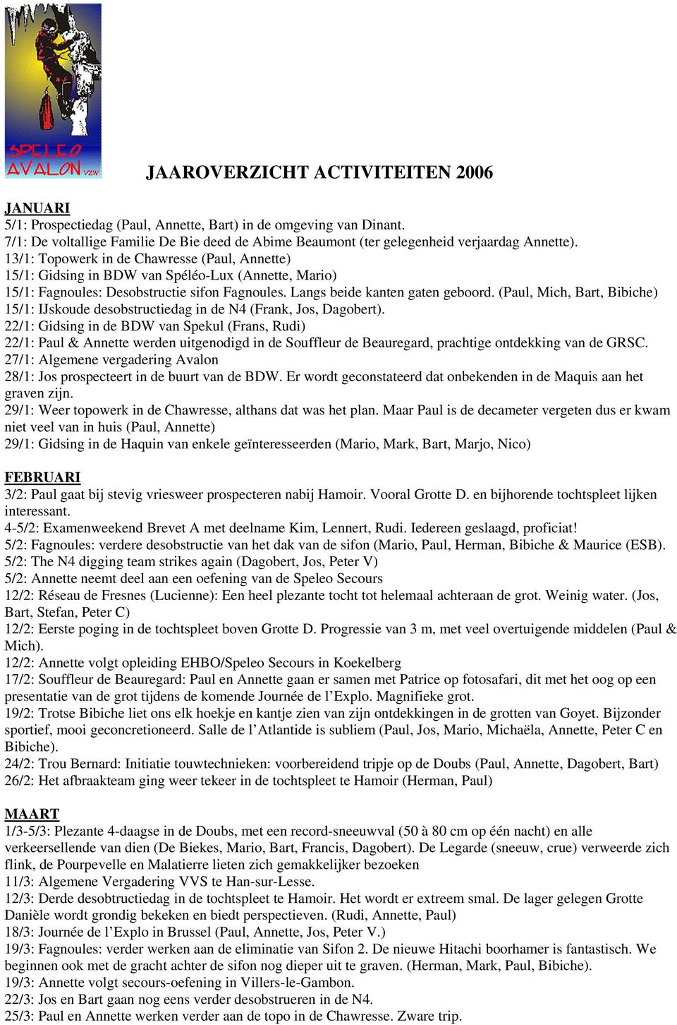 13/1: Topowerk in de Chawresse (Paul, Annette) 15/1: Gidsing in BDW van Spéléo-Lux (Annette, Mario) 15/1: Fagnoules: Desobstructie sifon Fagnoules. Langs beide kanten gaten geboord.