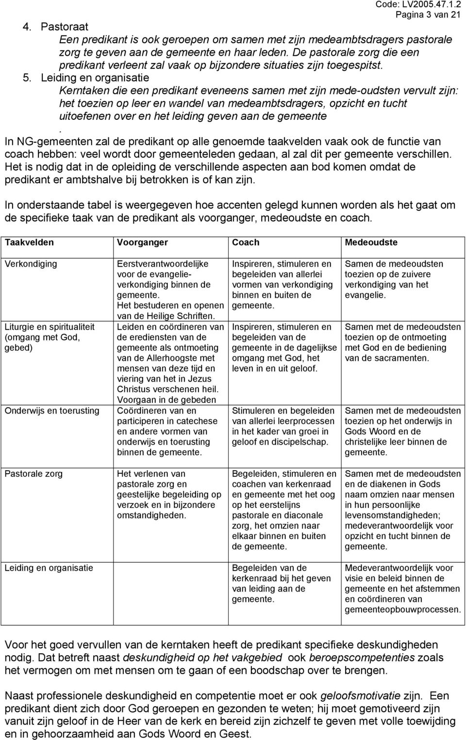 Leiding en organisatie Kerntaken die een predikant eveneens samen met zijn mede-oudsten vervult zijn: het toezien op leer en wandel van medeambtsdragers, opzicht en tucht uitoefenen over en het