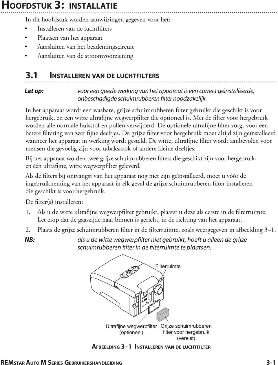 In het apparaat wordt een wasbare, grijze schuimrubberen filter gebruikt die geschikt is voor hergebruik, en een witte ultrafijne wegwerpfilter die optioneel is.