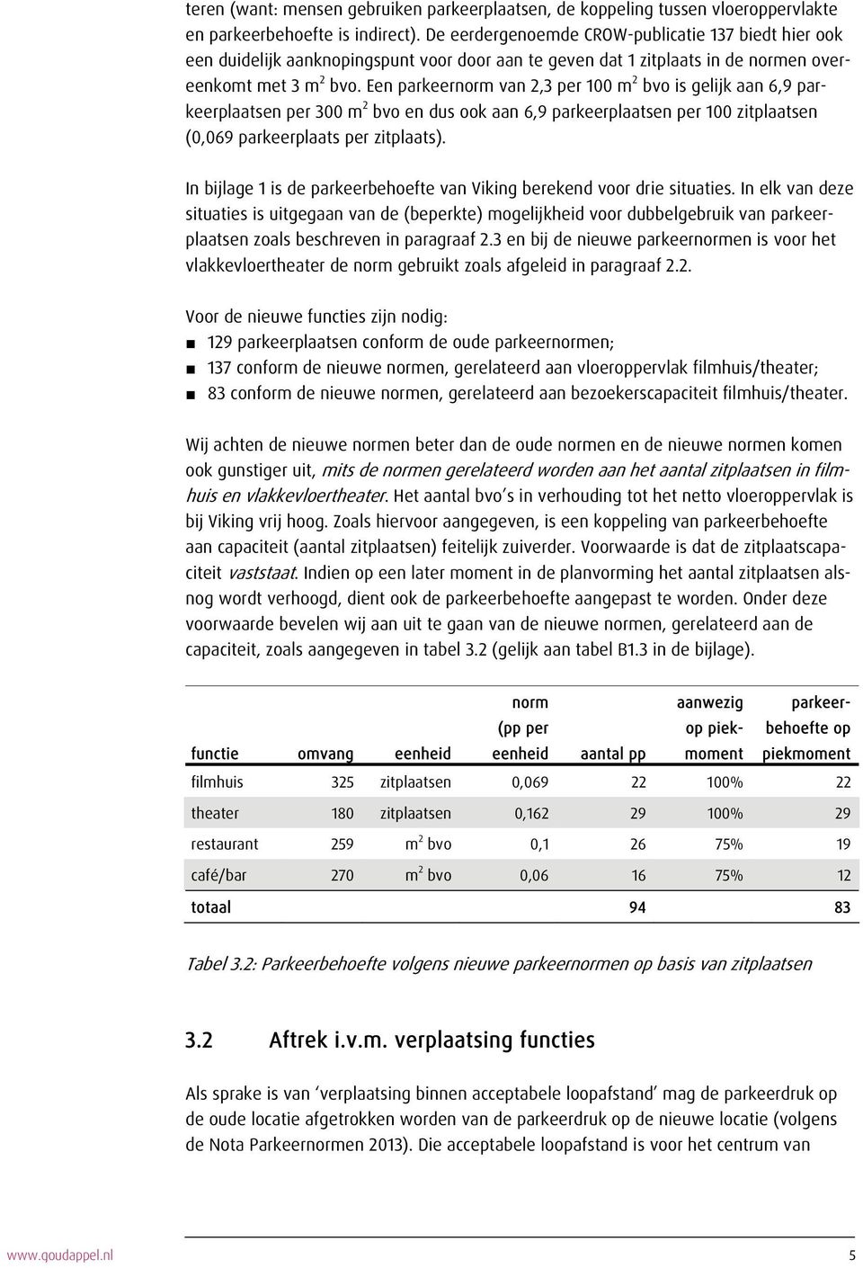 Een parkeer van 2,3 per 100 m 2 bvo is gelijk aan 6,9 parkeerplaatsen per 300 m 2 bvo en dus ook aan 6,9 parkeerplaatsen per 100 zitplaatsen (0,069 parkeerplaats per zitplaats).