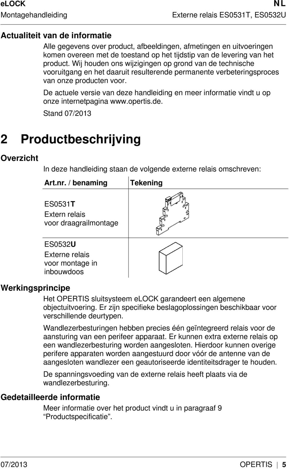 De actuele versie van deze handleiding en meer informatie vindt u op onze internetpagina www.opertis.de. Stand 07/2013 2 Productbeschrijving Overzicht In deze handleiding staan de volgende externe relais omschreven: Art.