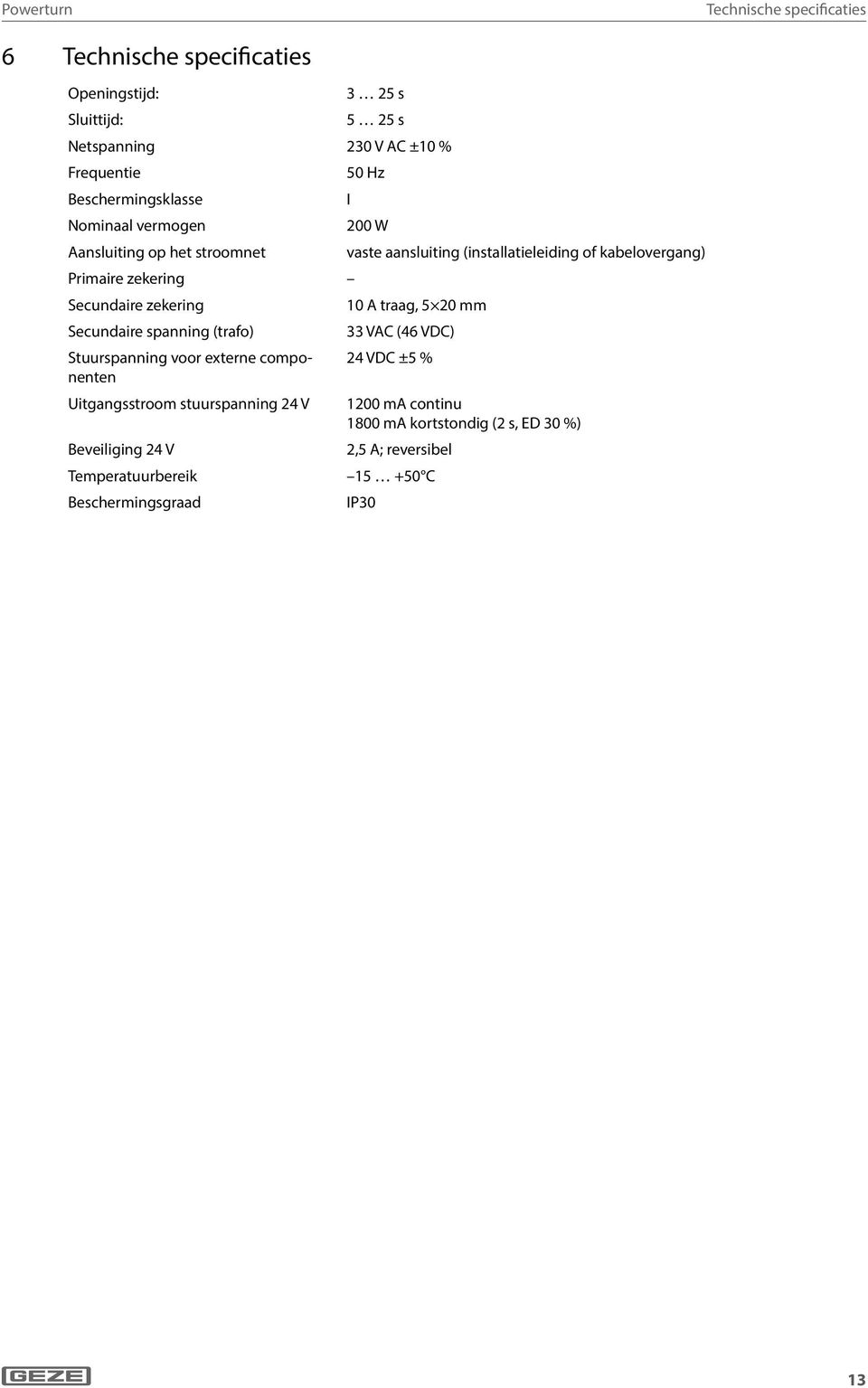 voor externe componenten Uitgangsstroom stuurspanning 24 V Beveiliging 24 V Temperatuurbereik Beschermingsgraad 50 Hz I 200 W vaste aansluiting