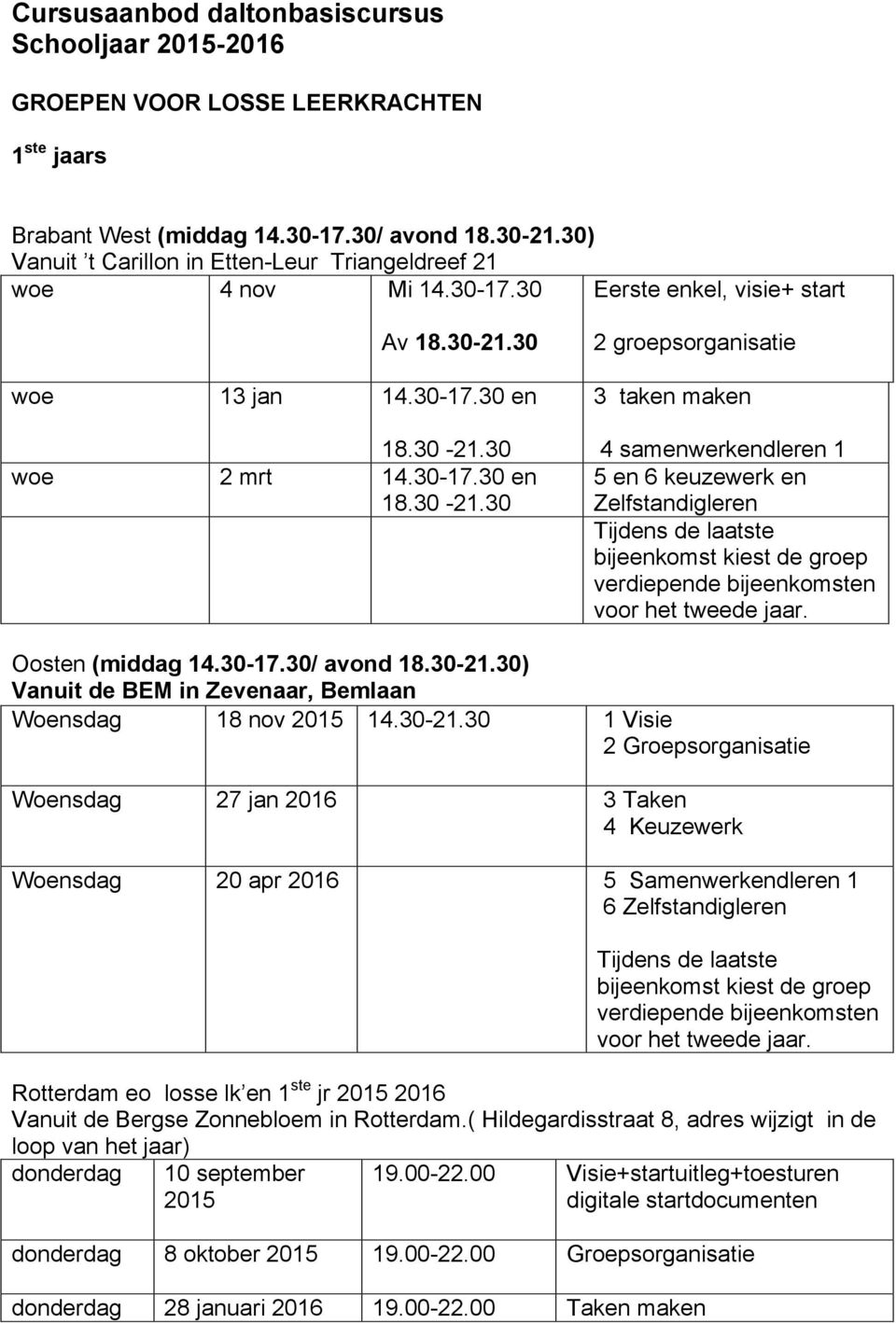 30 woe 13 jan 14.30-17.30 en 18.30-21.30 woe 2 mrt 14.30-17.30 en 18.30-21.30 2 groepsorganisatie 3 taken maken 4 samenwerkendleren 1 5 en 6 keuzewerk en Zelfstandigleren Oosten (middag 14.30-17.30/ avond 18.