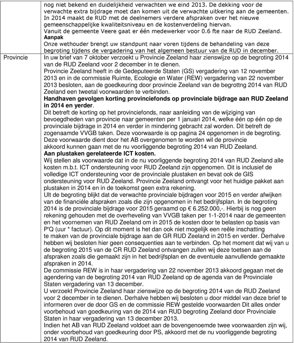 6 fte naar de RUD Zeeland. Aanpak Onze wethouder brengt uw standpunt naar voren tijdens de behandeling van deze begroting tijdens de vergadering van het algemeen bestuur van de RUD in december.