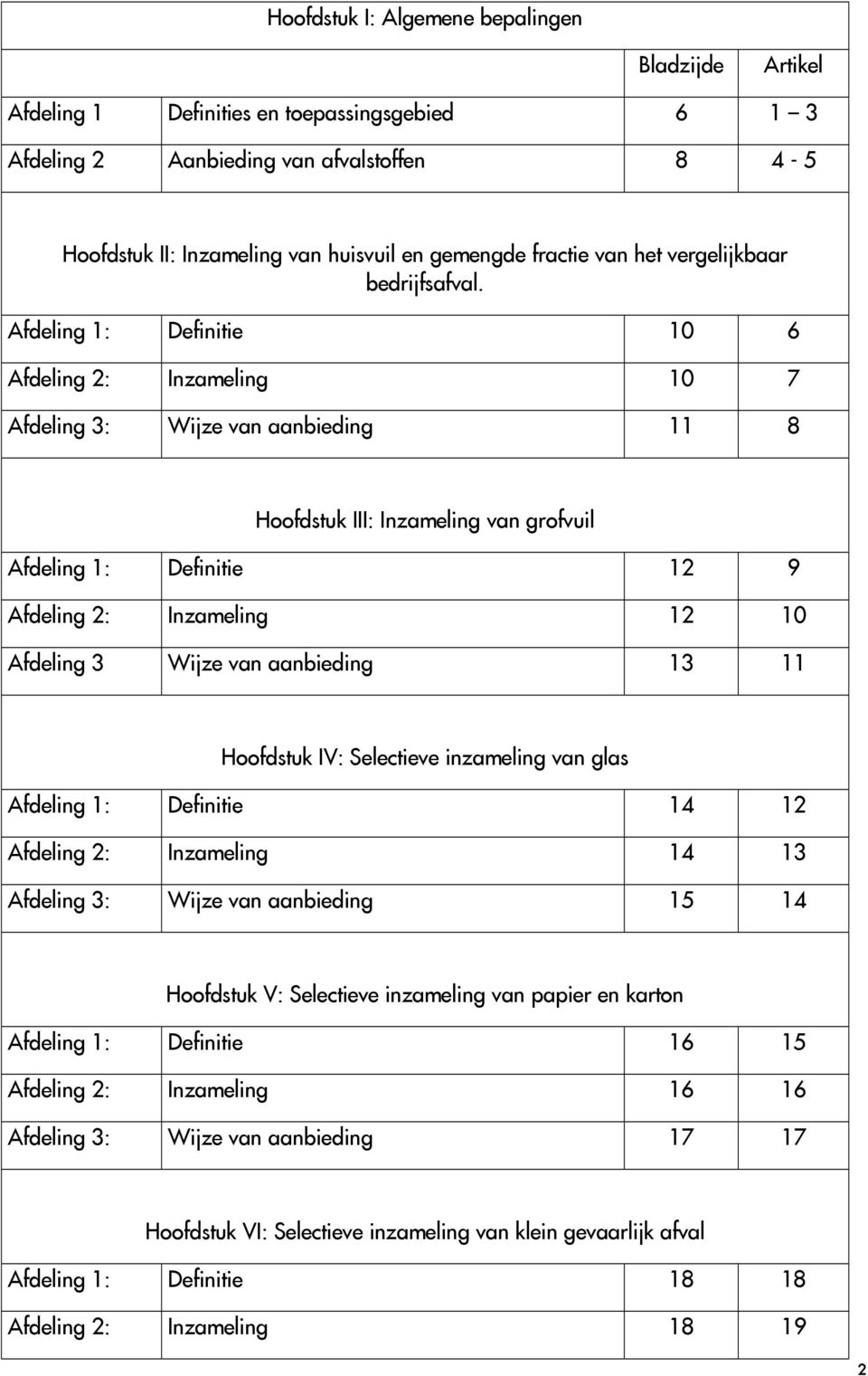 Afdeling 1: Definitie 10 6 Afdeling 2: Inzameling 10 7 Afdeling 3: Wijze van aanbieding 11 8 Hoofdstuk III: Inzameling van grofvuil Afdeling 1: Definitie 12 9 Afdeling 2: Inzameling 12 10 Afdeling 3