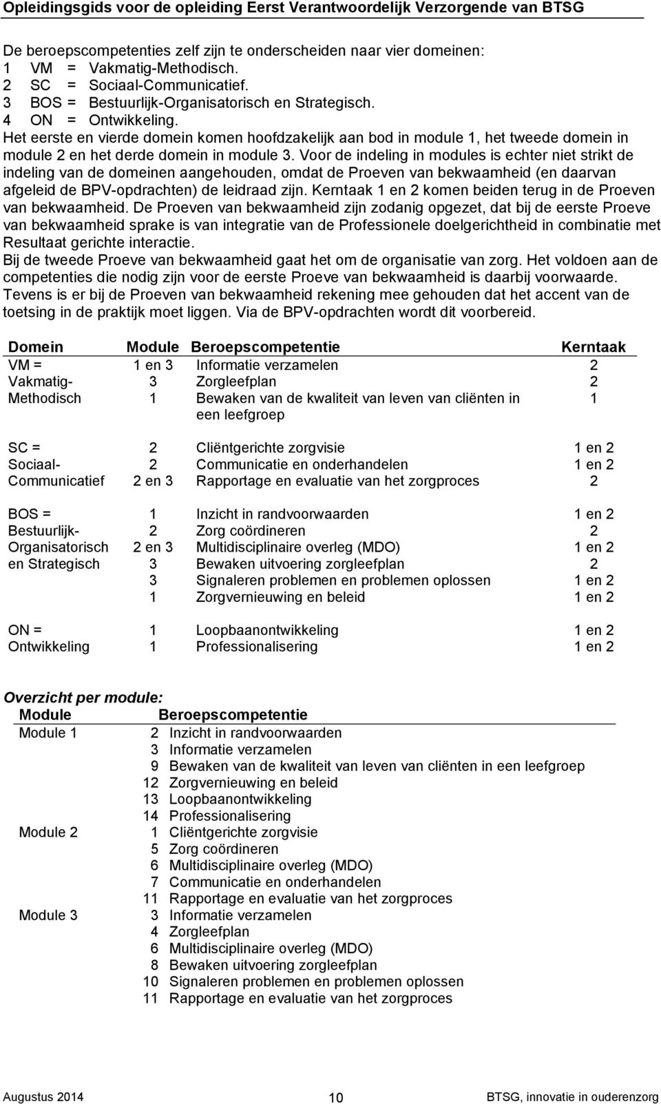 Voor de indeling in modules is echter niet strikt de indeling van de domeinen aangehouden, omdat de Proeven van bekwaamheid (en daarvan afgeleid de BPV-opdrachten) de leidraad zijn.