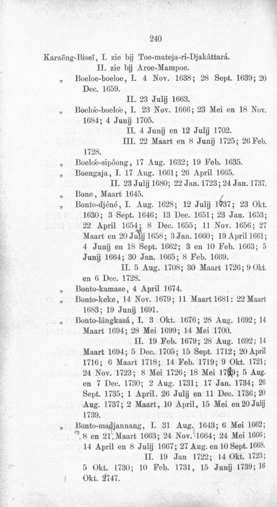 II. 23 Julij 1680; 22 Jan. 1723; 24 Jan. 1737. Bone, Maart 1645., Bonto-djénó, I. Aug. 1628; 12 Julij 1737; 23 Okt. 1630; 3 Sept. 1646; 13 Dec. 1651; 23 Jan. 1653; 22 April 1654: 8 Dec. 1655; 11 Nov.