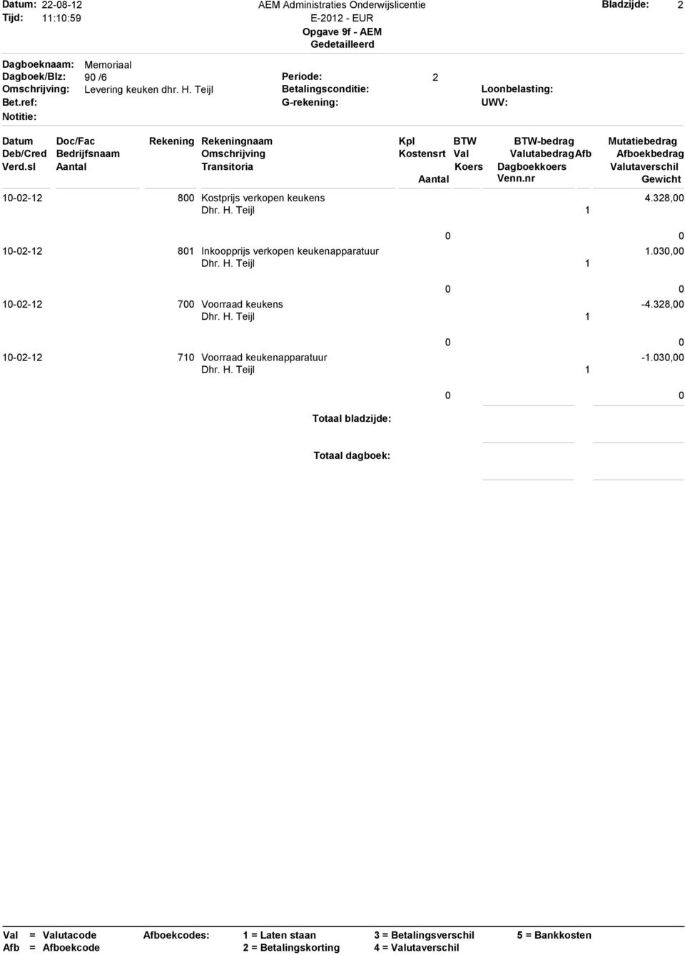 oekbedrag Verd.sl Aantal Transitoria Koers Dagboekkoers Valutaverschil Aantal Venn.nr Gewicht 10-02-12 800 Kostprijs verkopen keukens 4.328,00 Dhr. H.