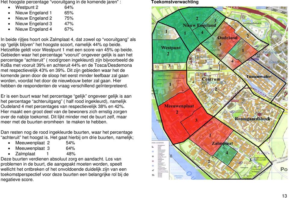 Gebieden waar het percentage vooruit ongeveer gelijk is aan het percentage achteruit ( rood/groen ingekleurd) zijn bijvoorbeeld de KoBa met vooruit 39% en achteruit 44% en de Tosca/Desdemona met