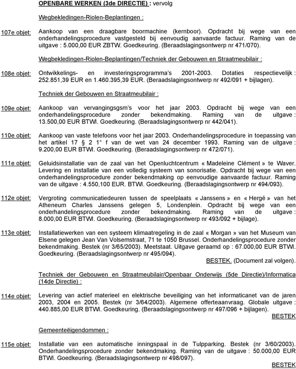 Wegbekledingen-Riolen-Beplantingen/Techniek der Gebouwen en Straatmeubilair : 108e objet: Ontwikkelings- en investeringsprogramma s 2001-2003. Dotaties respectievelijk : 252.851,39 EUR en 1.460.