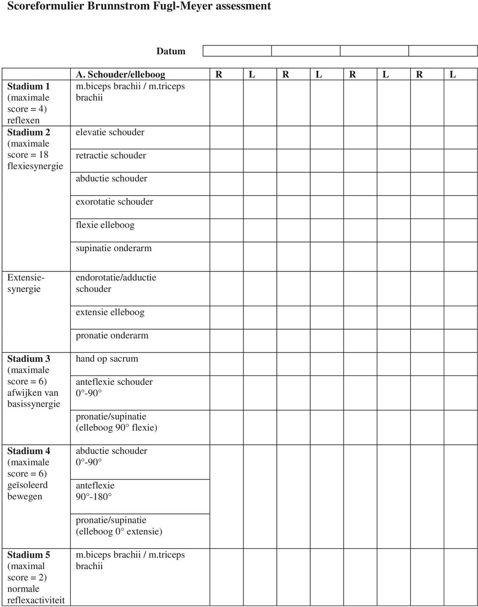 elleboog pronatie onderarm Stadium 3 score = 6) afwijken van basissynergie Stadium 4 score = 6) geïsoleerd bewegen hand op sacrum anteflexie schouder 0-90 pronatie/supinatie