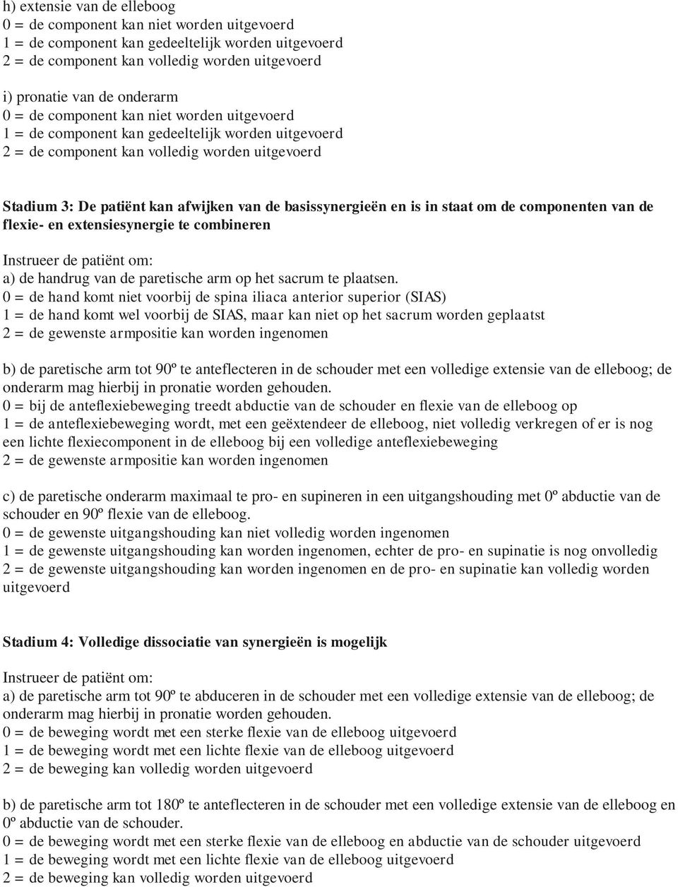 0 = de hand komt niet voorbij de spina iliaca anterior superior (SIAS) 1 = de hand komt wel voorbij de SIAS, maar kan niet op het sacrum worden geplaatst 2 = de gewenste armpositie kan worden