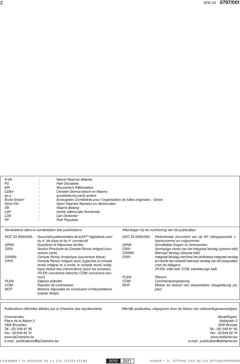 Parti Populaire Abréviations dans la numérotation des publications: DOC 53 0000/000: Document parlementaire de la 53 ème législature, suivi du n de base et du n consécutif QRVA: Questions et Réponses