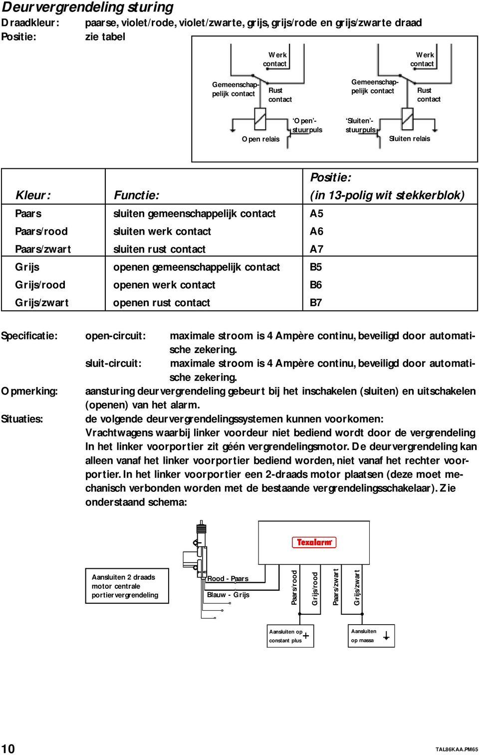 Paars/rd sluiten werk cntact A6 Paars/zwart sluiten rust cntact A7 Grijs penen gemeenschappelijk cntact B5 Grijs/rd penen werk cntact B6 Grijs/zwart penen rust cntact B7 Specificatie: pen-circuit: