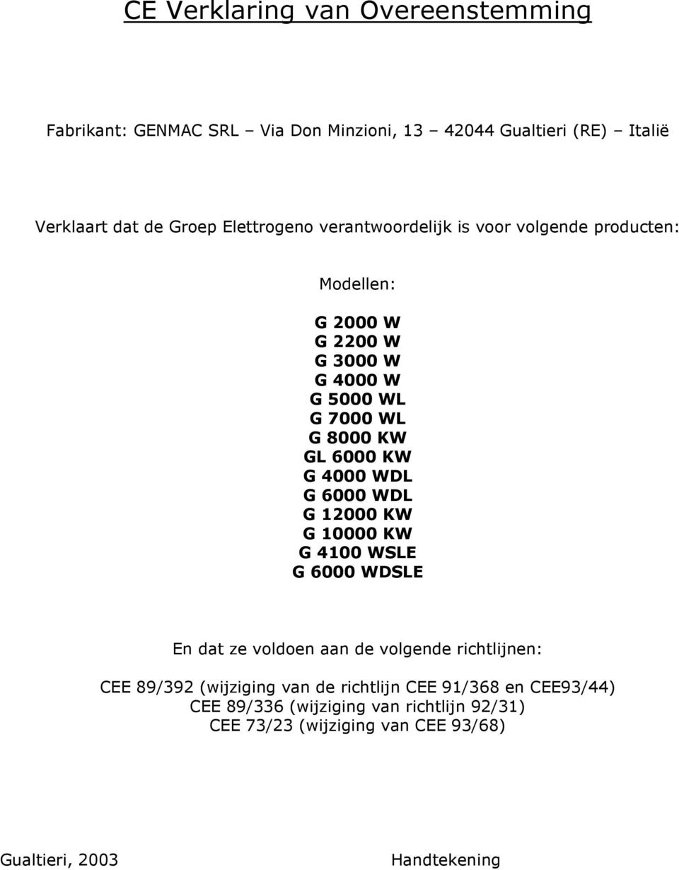 WDL G 6000 WDL G 12000 KW G 10000 KW G 4100 WSLE G 6000 WDSLE En dat ze voldoen aan de volgende richtlijnen: CEE 89/392 (wijziging van de