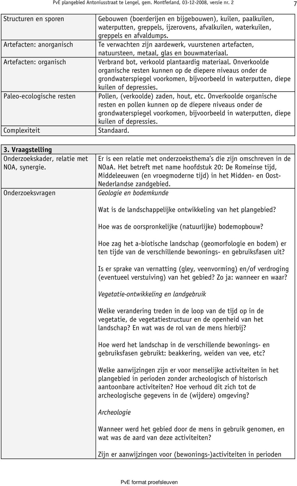 Te verwachten zijn aardewerk, vuurstenen artefacten, natuursteen, metaal, glas en bouwmateriaal. Verbrand bot, verkoold plantaardig materiaal.