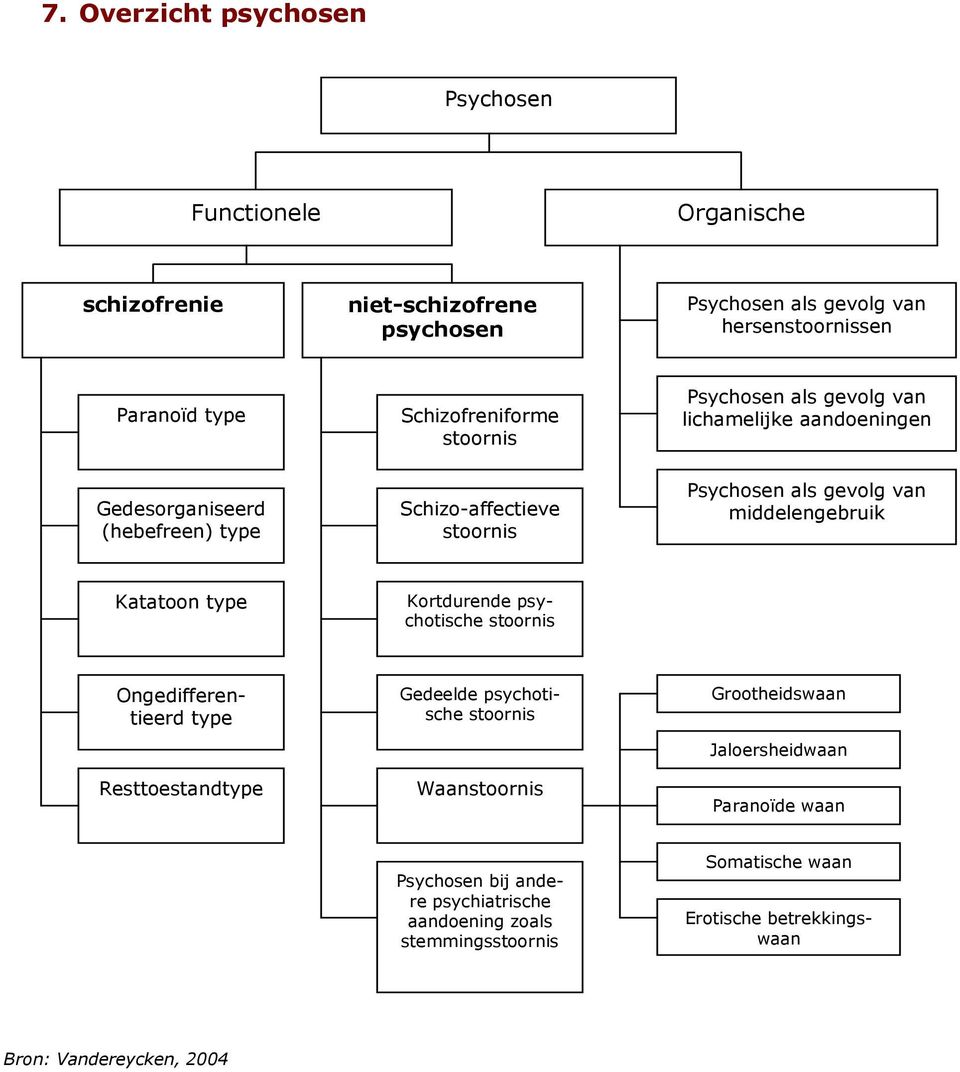 van middelengebruik Katatoon type Kortdurende psychotische stoornis Ongedifferentieerd type Resttoestandtype Gedeelde psychotische stoornis Waanstoornis