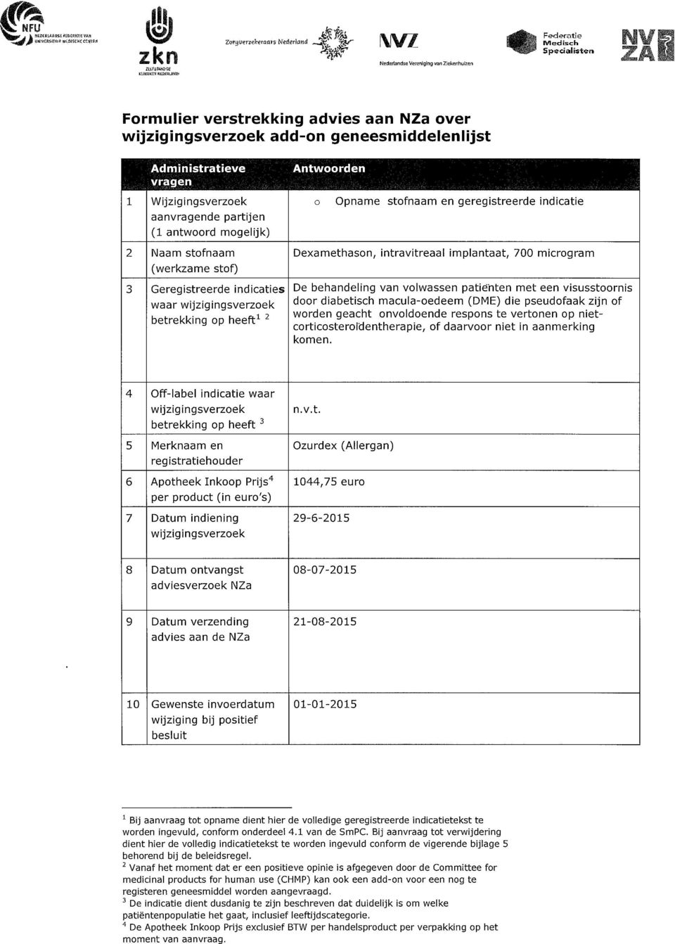 Admiistratieve vrage 1 Wijzigigsverzek aavragede partije (1 atwrd mgelijk) 2 aam stfaam (werkzame stf) Atwrde pame stfaam e geregistreerde idicatie examethas, itravitreaal implataat, 700 micrgram