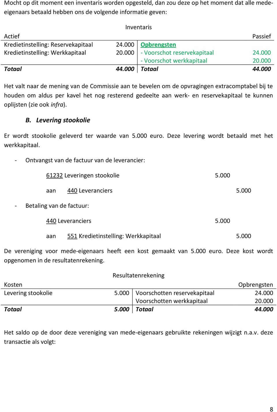 000 Het valt naar de mening van de Commissie aan te bevelen om de opvragingen extracomptabel bij te houden om aldus per kavel het nog resterend gedeelte aan werk- en reservekapitaal te kunnen