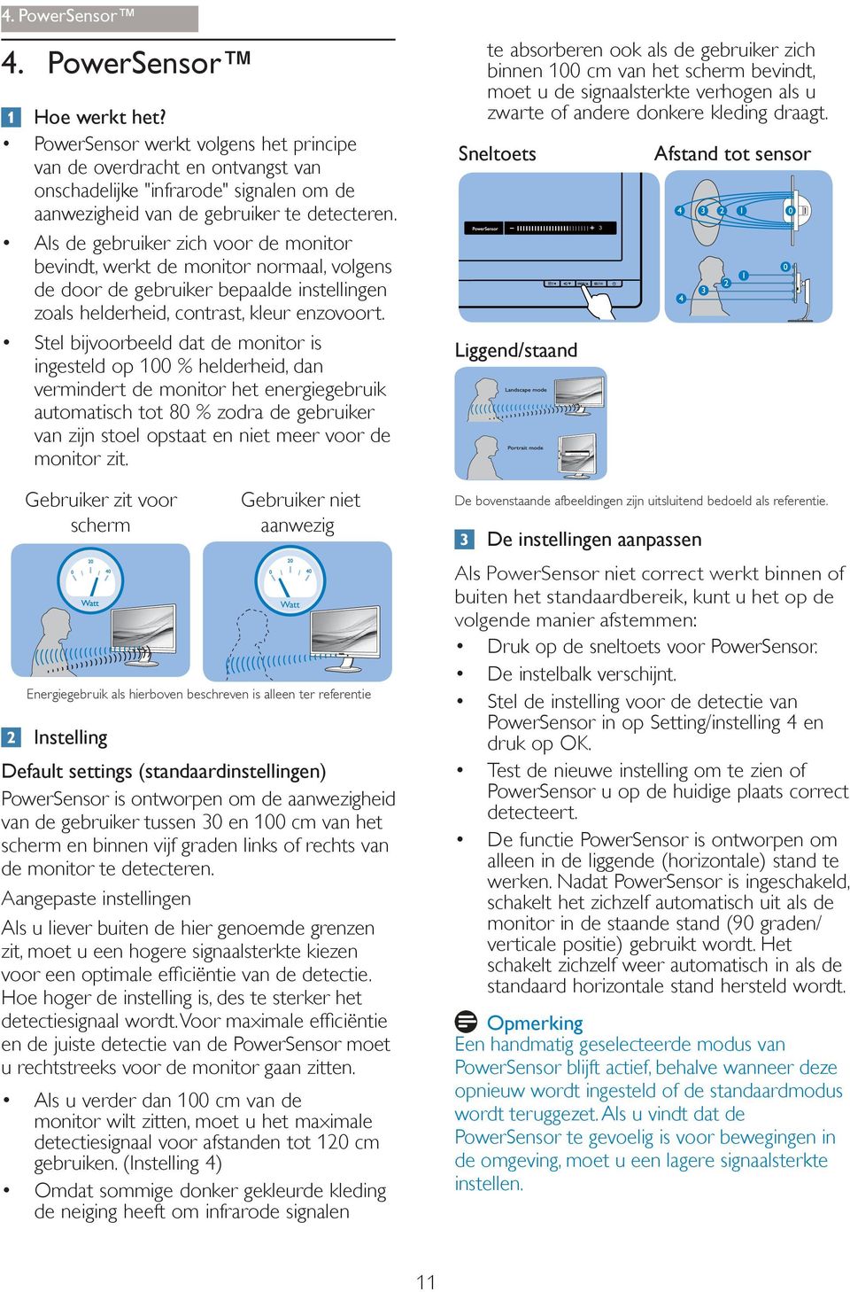 Als de gebruiker zich voor de monitor bevindt, werkt de monitor normaal, volgens de door de gebruiker bepaalde instellingen zoals helderheid, contrast, kleur enzovoort.