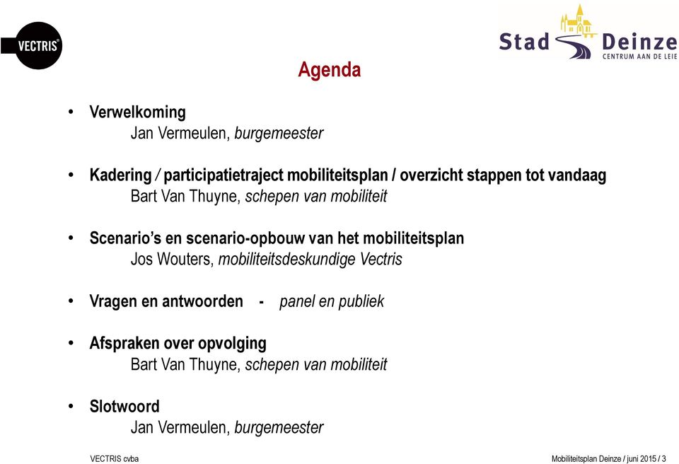 Wouters, mobiliteitsdeskundige Vectris Vragen en antwoorden - panel en publiek Afspraken over opvolging Bart Van