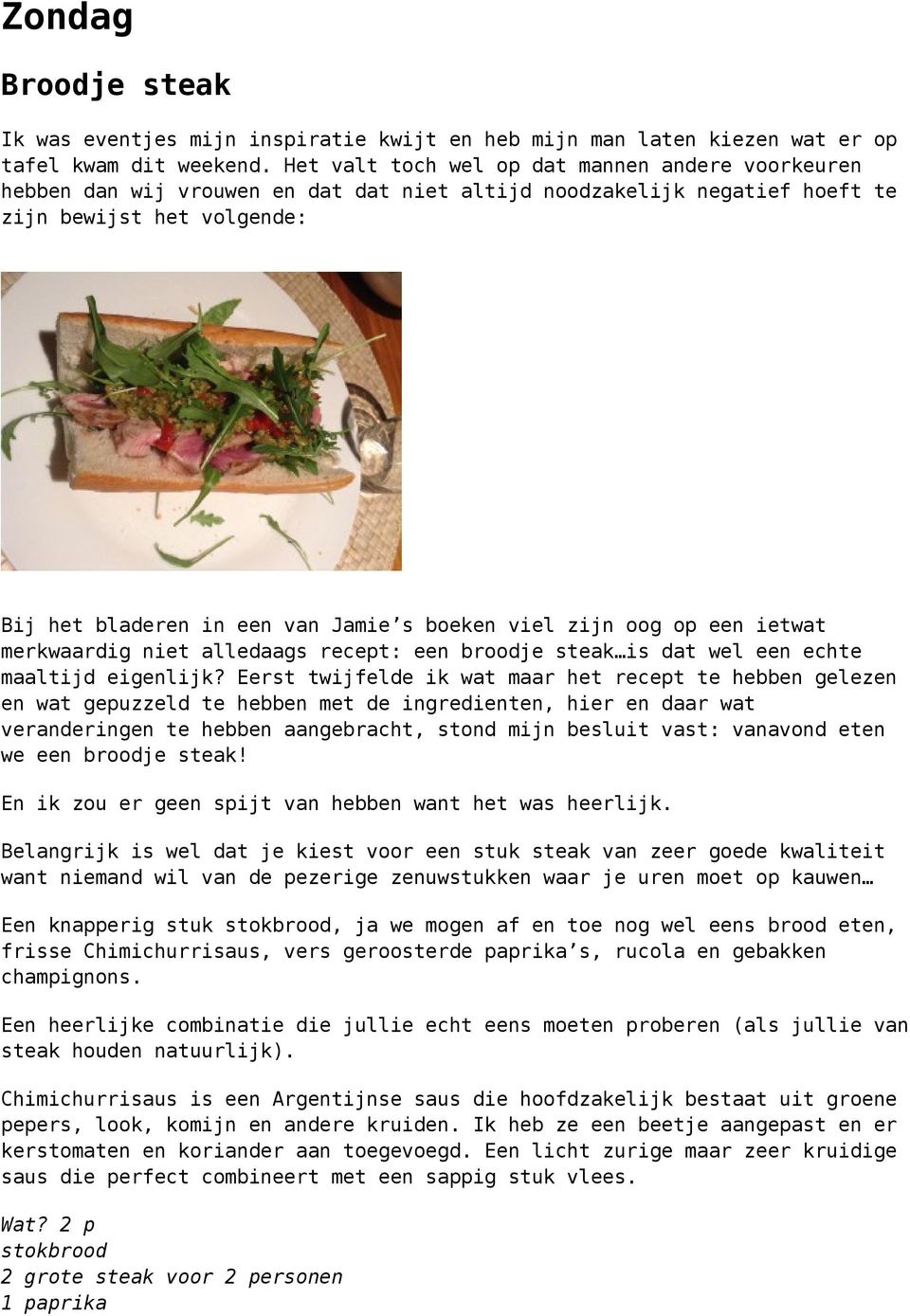 viel zijn oog op een ietwat merkwaardig niet alledaags recept: een broodje steak is dat wel een echte maaltijd eigenlijk?