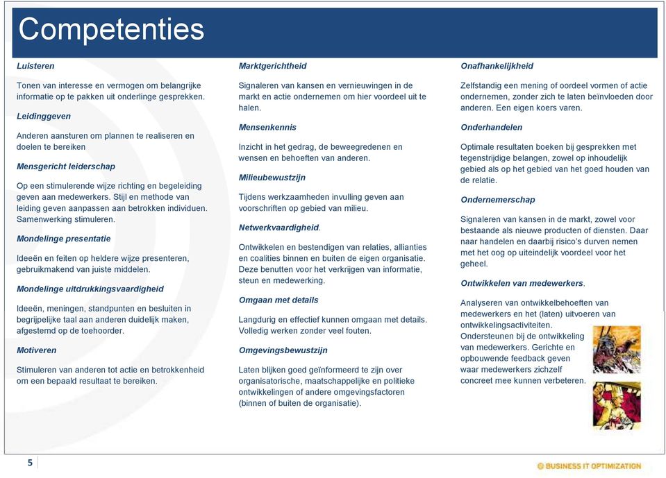 Stijl en methode van leiding geven aanpassen aan betrokken individuen. Samenwerking stimuleren. Mondelinge presentatie Ideeën en feiten op heldere wijze presenteren, gebruikmakend van juiste middelen.