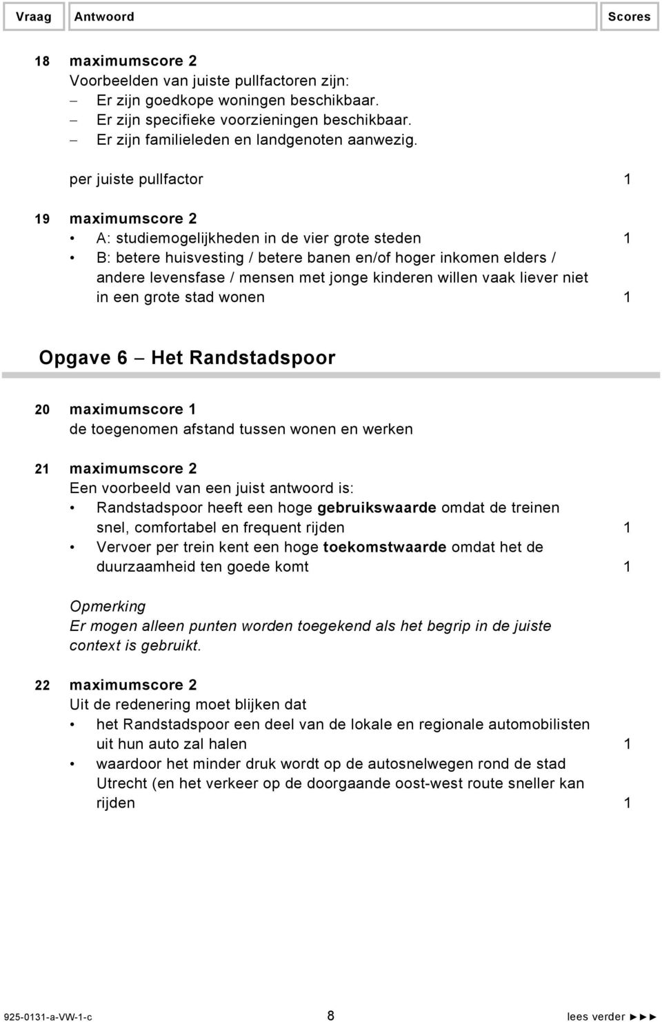 kinderen willen vaak liever niet in een grote stad wonen 1 Opgave 6 Het Randstadspoor 20 maximumscore 1 de toegenomen afstand tussen wonen en werken 21 maximumscore 2 Een voorbeeld van een juist