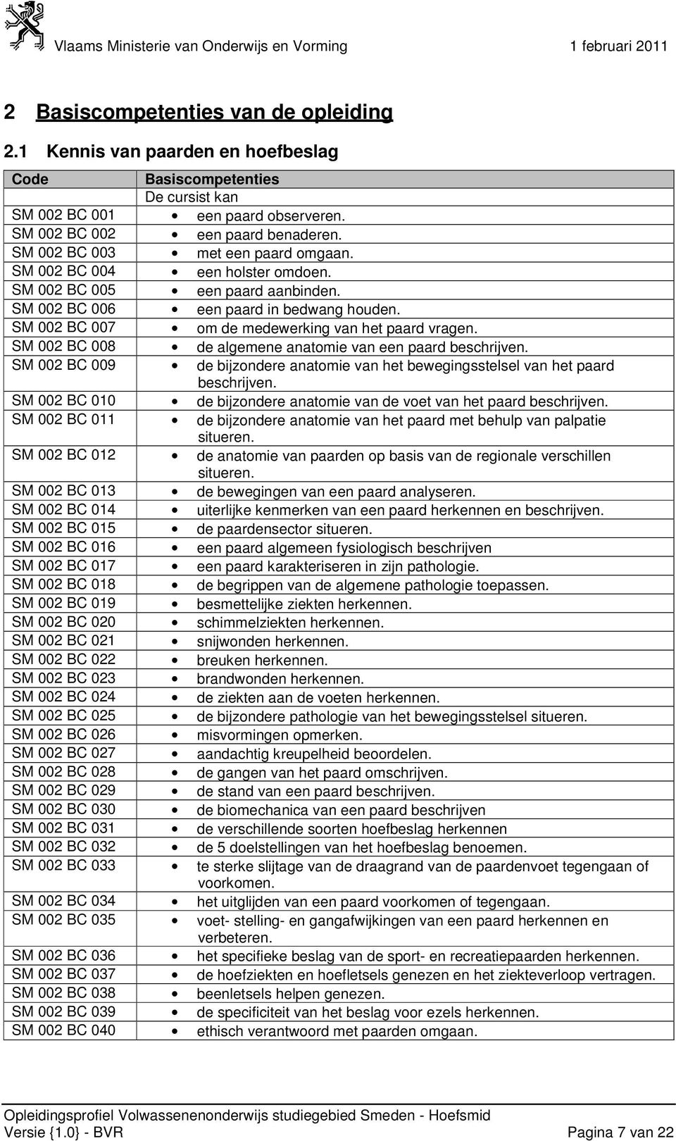 SM 002 BC 008 de algemene anatomie van een paard beschrijven. SM 002 BC 009 de bijzondere anatomie van het bewegingsstelsel van het paard beschrijven.