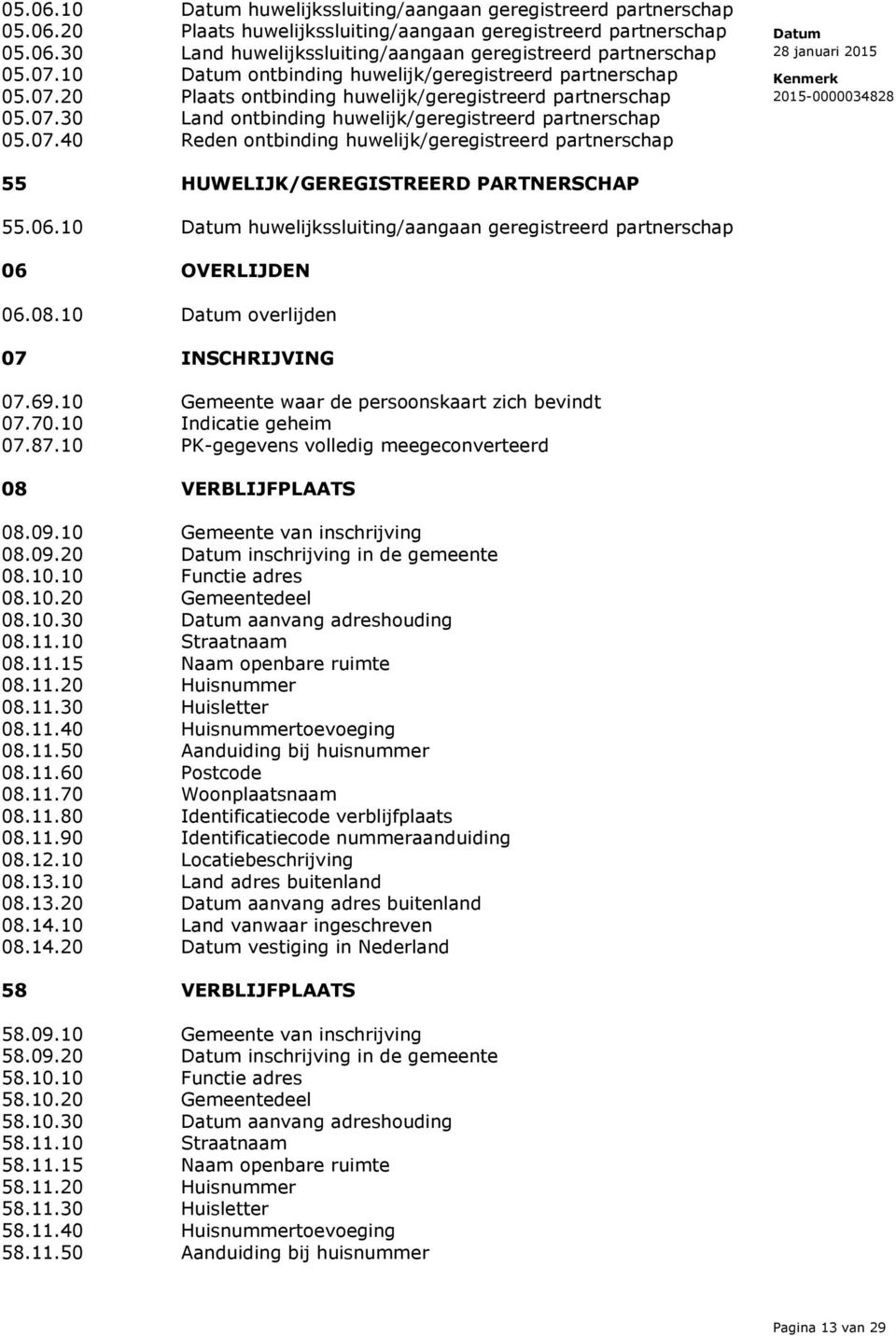 06.10 huwelijkssluiting/aangaan geregistreerd partnerschap 06 OVERLIJDEN 06.08.10 overlijden 07 INSCHRIJVING 07.69.10 Gemeente waar de persoonskaart zich bevindt 07.70.10 Indicatie geheim 07.87.