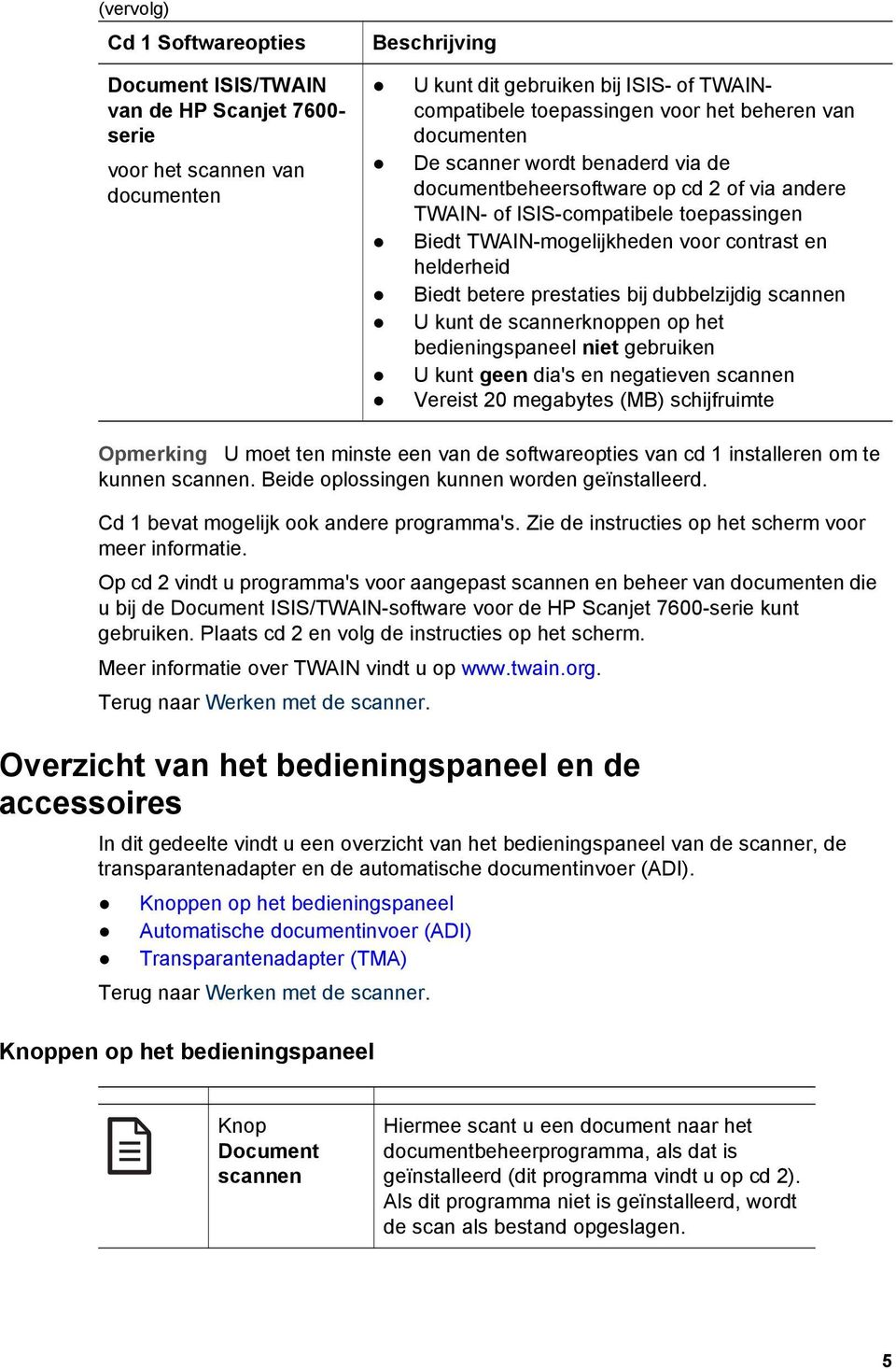 Biedt betere prestaties bij dubbelzijdig scannen U kunt de scannerknoppen op het bedieningspaneel niet gebruiken U kunt geen dia's en negatieven scannen Vereist 20 megabytes (MB) schijfruimte