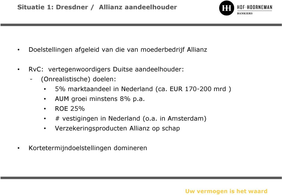 in Nederland (ca. EUR 170-200 mrd ) AUM groei minstens 8% p.a. ROE 25% # vestigingen in Nederland (o.