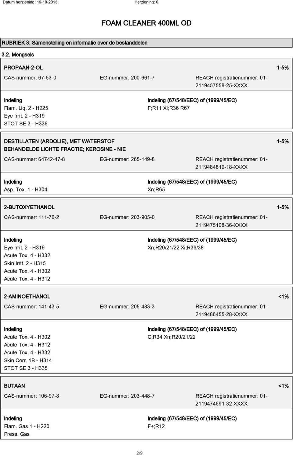 2 - H319 STOT SE 3 - H336 (67/548/EEC) of (1999/45/EC) F;R11 Xi;R36 R67 DESTILLATEN (ARDOLIE), MET WATERSTOF BEHANDELDE LICHTE FRACTIE; KEROSINE - NIE 1-5% CAS-nummer: 64742-47-8 EG-nummer: 265-149-8