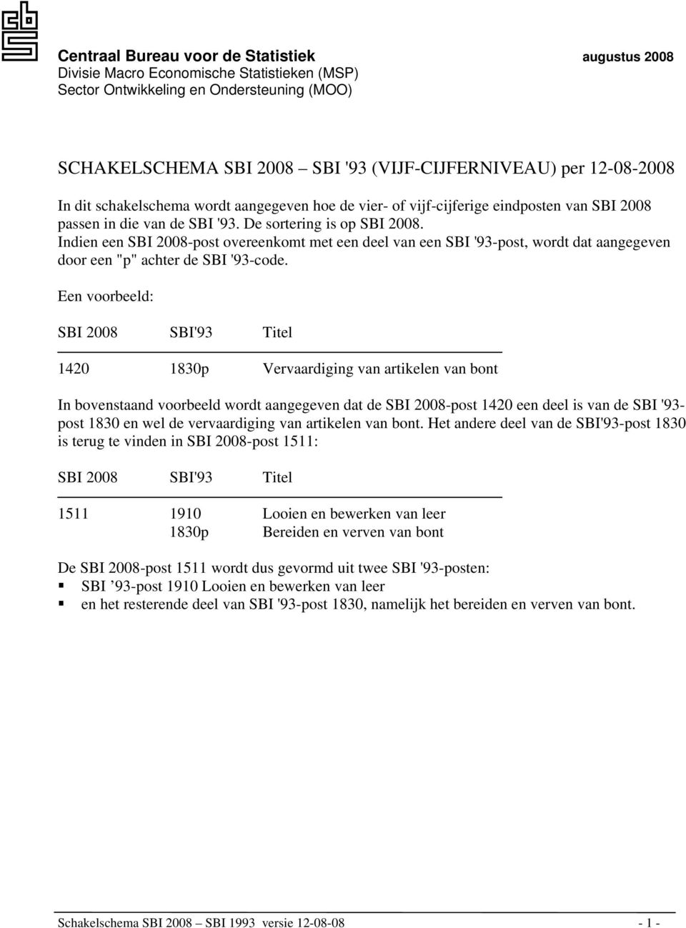 Indien een SBI 2008-post overeenkomt met een deel van een SBI '93-post, wordt dat aangegeven door een "p" achter de SBI '93-code.