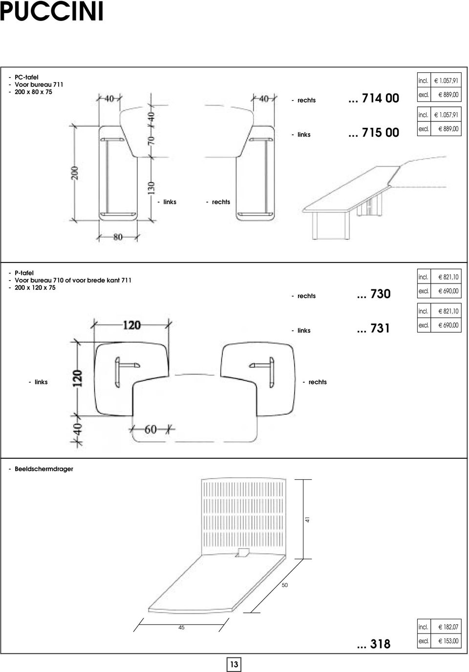 889,00 - links - rechts - P-tafel - Voor bureau 710 of voor brede kant 711-200 x 120 x 75 -