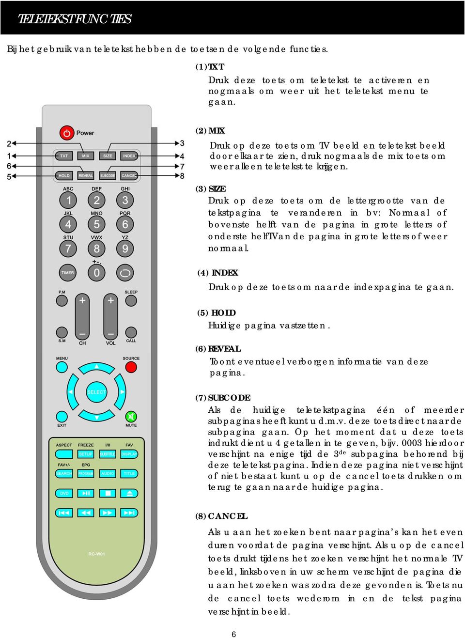 (2) MIX Druk op (2) deze MIX toets om TV beeld en teletekst beeld door elkaar Press te to zien, enter druk TV and nogmaals text mix mode, de mix press toets again om weer alleen to go teletekst back