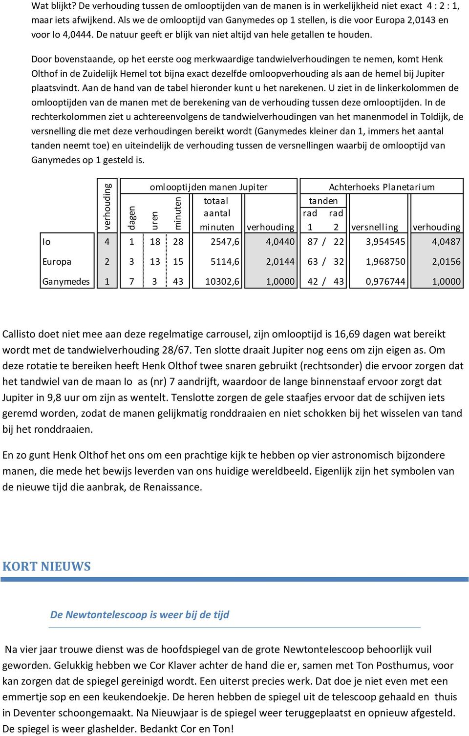 Door bovenstaande, op het eerste oog merkwaardige tandwielverhoudingen te nemen, komt Henk Olthof in de Zuidelijk Hemel tot bijna exact dezelfde omloopverhouding als aan de hemel bij Jupiter