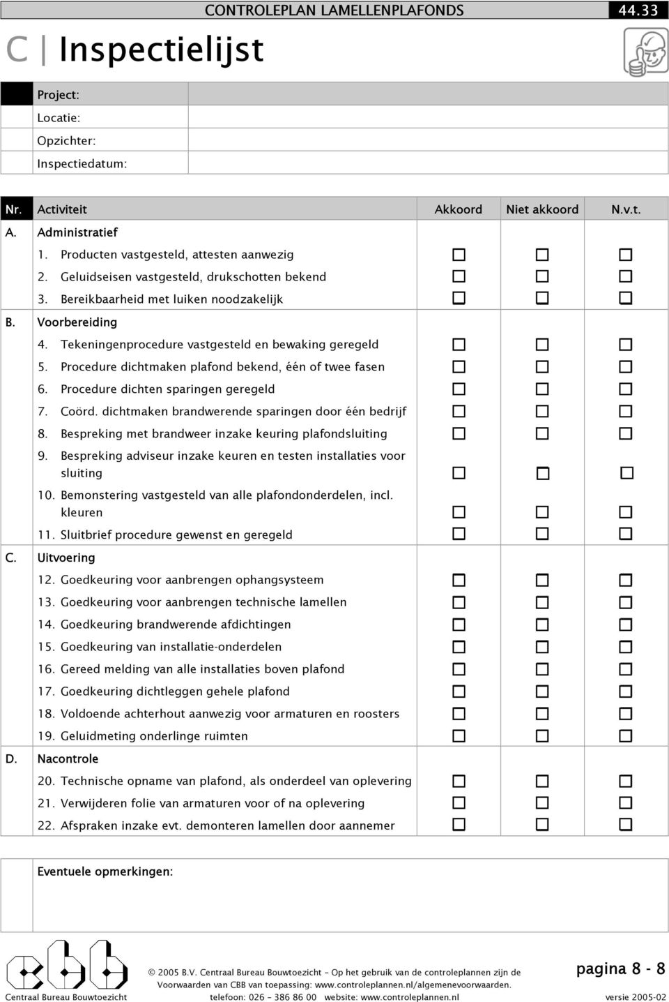 Tekeningenprocedure vastgesteld en bewaking geregeld 5. Procedure dichtmaken plafond bekend, één of twee fasen 6. Procedure dichten sparingen geregeld 7. Coörd.