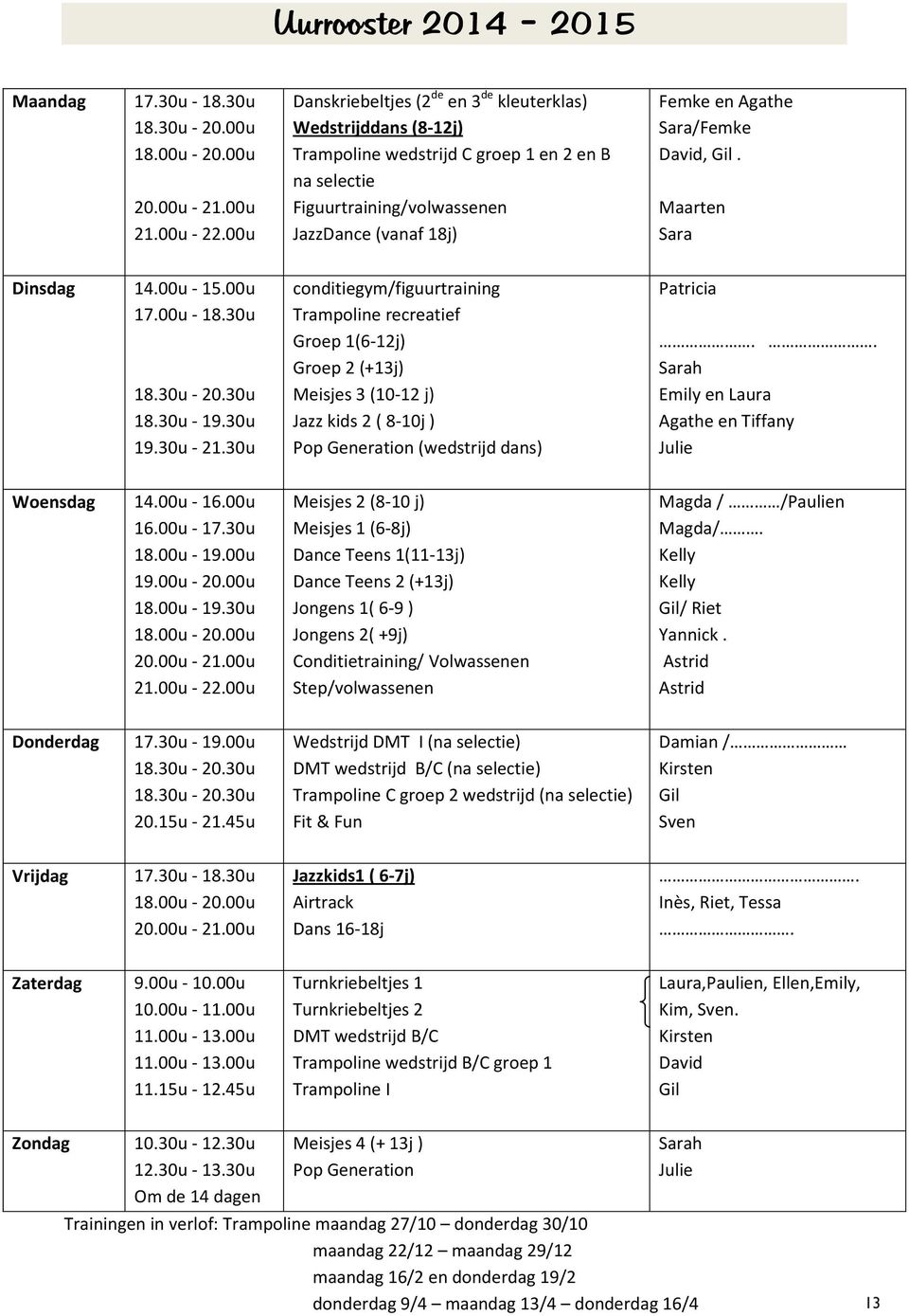 David, Gil. Maarten Sara Dinsdag 14.00u - 15.00u 17.00u - 18.30u 18.30u - 20.30u 18.30u - 19.30u 19.30u - 21.