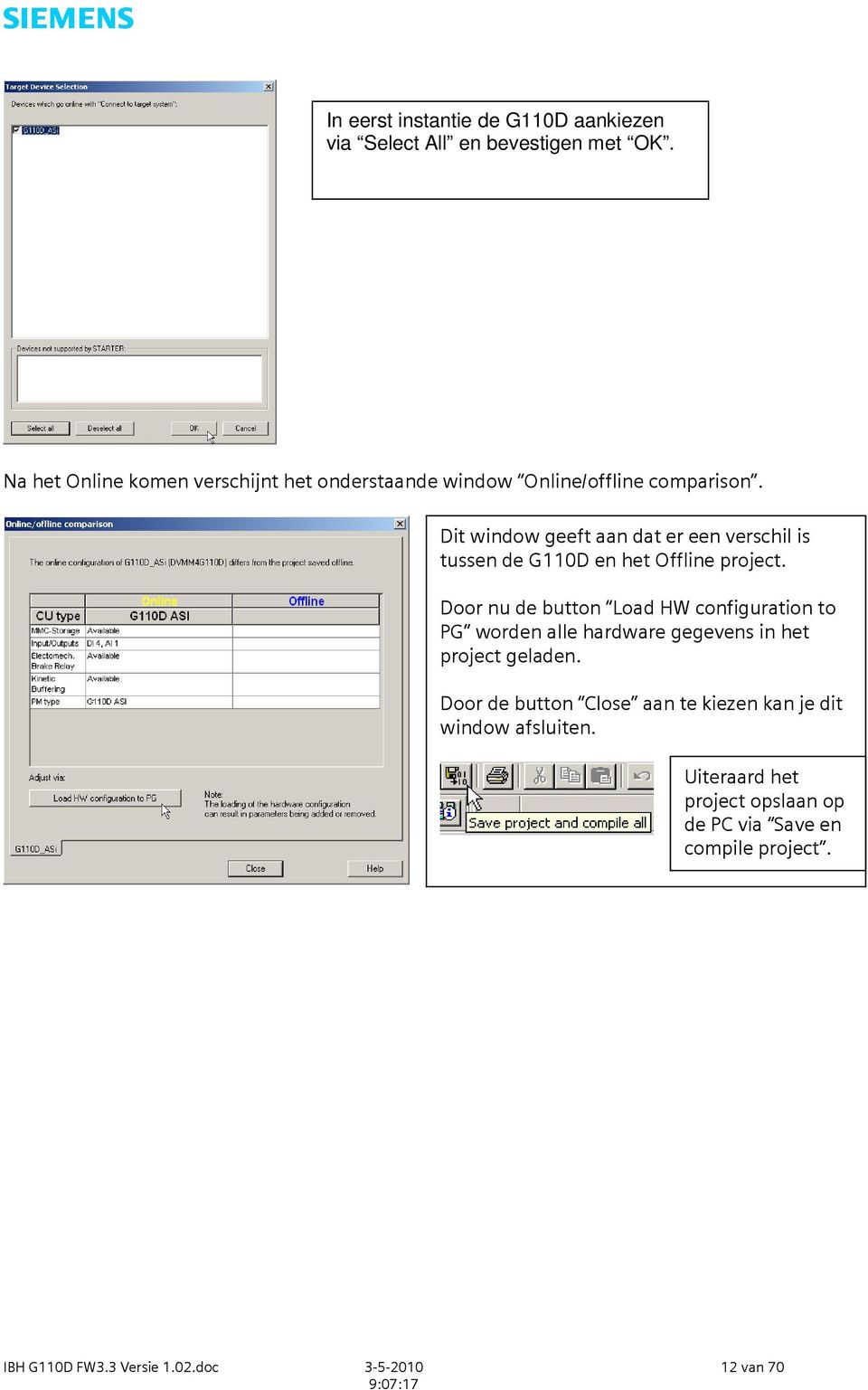 Dit window geeft aan dat er een verschil is tussen de G110D en het Offline project.