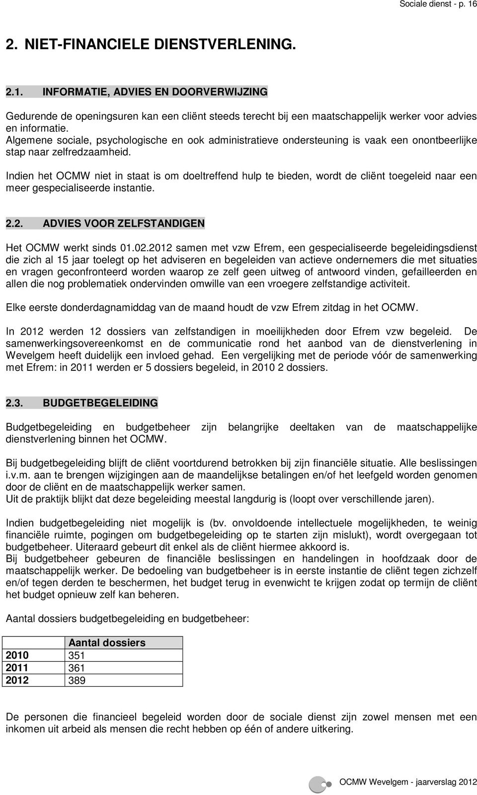 Indien het OCMW niet in staat is om doeltreffend hulp te bieden, wordt de cliënt toegeleid naar een meer gespecialiseerde instantie. 2.2. ADVIES VOOR ZELFSTANDIGEN Het OCMW werkt sinds 01.02.