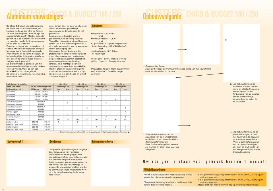 Zeker als u nagaat dat ze standaard uit slechts twee basisonderdelen bestaan: het vouwframe (inclusief 4 geremde zwenkwielen en de frame-borgpen) en het oerdegelijke lichtgewicht platform (dat ook in