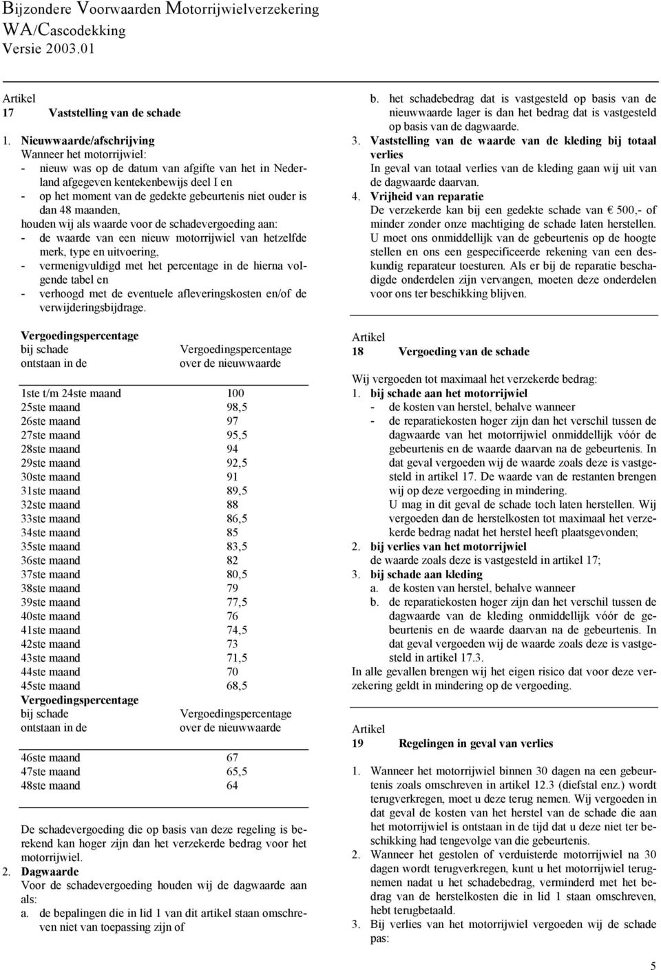 dan 48 maanden, houden wij als waarde voor de schadevergoeding aan: - de waarde van een nieuw motorrijwiel van hetzelfde merk, type en uitvoering, - vermenigvuldigd met het percentage in de hierna