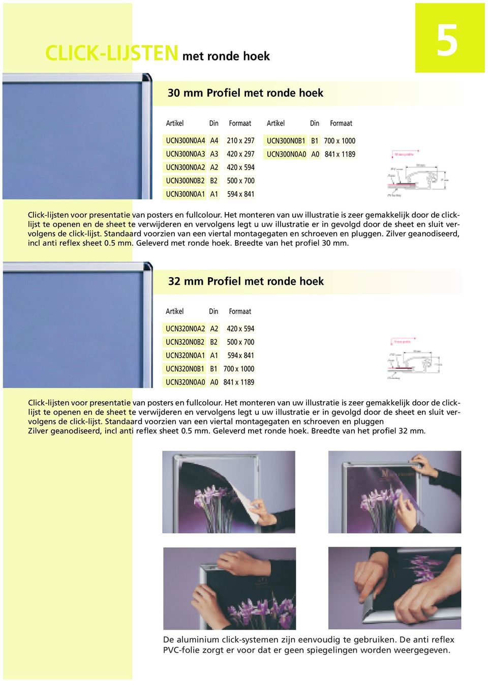 Het monteren van uw illustratie is zeer gemakkelijk door de clicklijst te openen en de sheet te verwijderen en vervolgens legt u uw illustratie er in gevolgd door de sheet en sluit vervolgens de