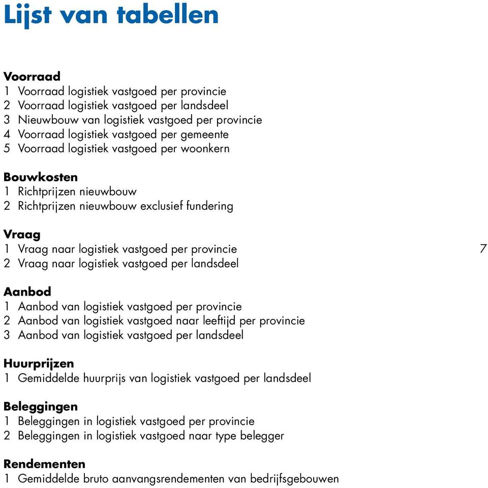 logistiek vastgoed per landsdeel 7 Aanbod 1 Aanbod van logistiek vastgoed per provincie 2 Aanbod van logistiek vastgoed naar leeftijd per provincie 3 Aanbod van logistiek vastgoed per landsdeel