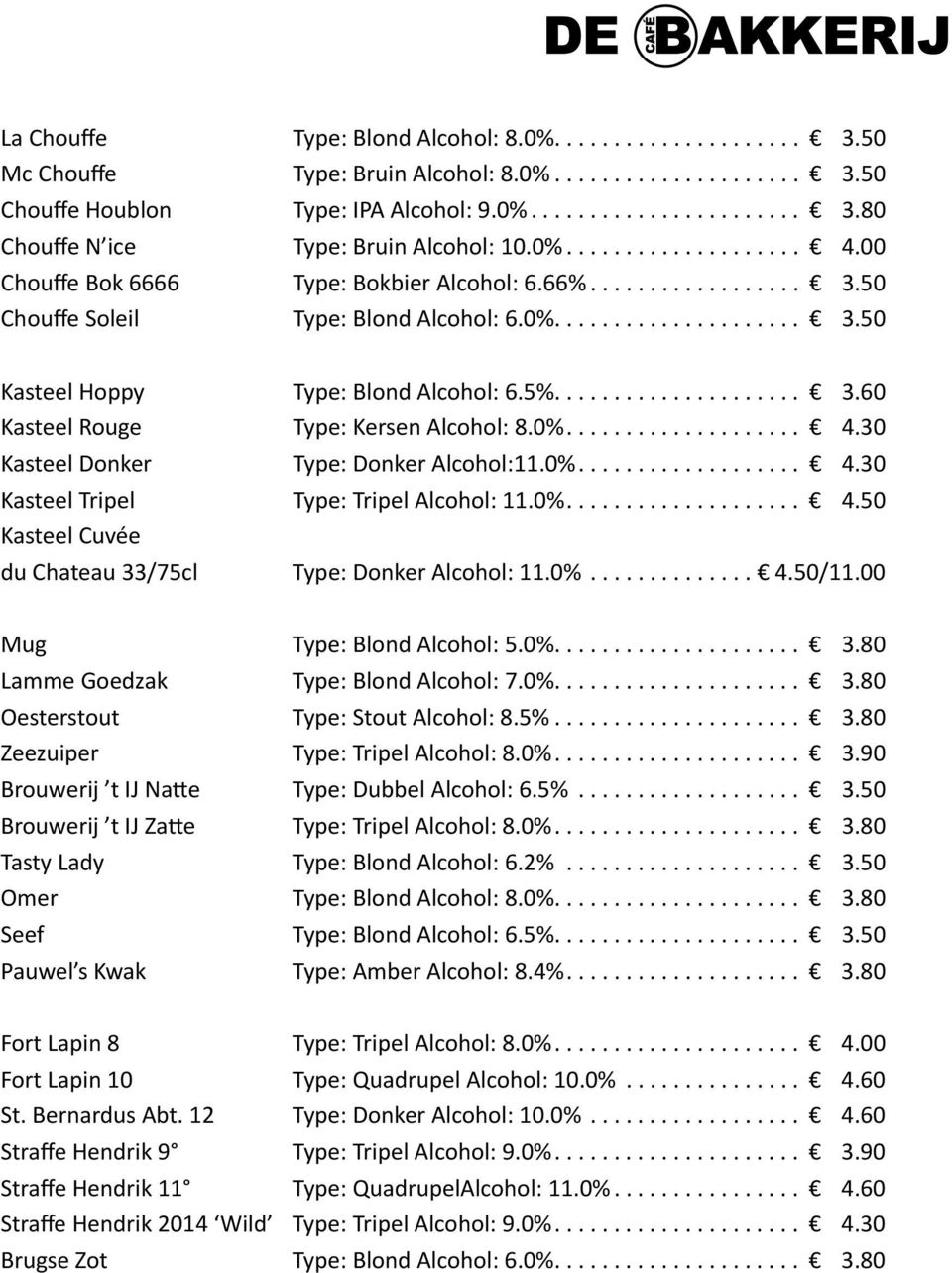 30 Kasteel Donker Type: Donker Alcohol:11.0%... 4.30 Kasteel Tripel Type: Tripel Alcohol: 11.0%... 4.50 Kasteel Cuvée du Chateau 33/75cl Type: Donker Alcohol: 11.0%... 4.50/11.