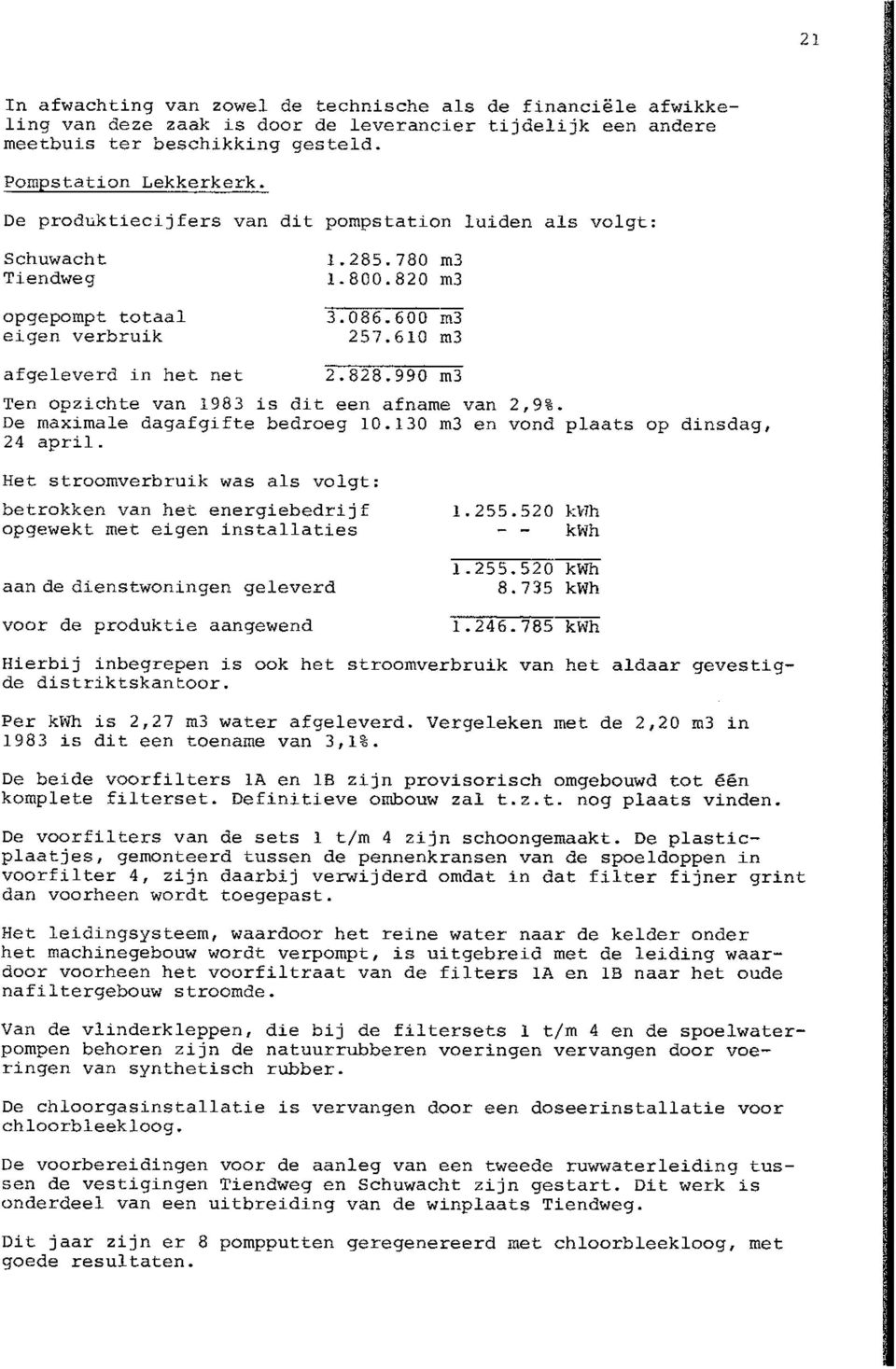 990 m3 Ten opzichte van 1983 is dit een afname van 2,9%. De maximale dagafgifte bedroeg 10.130 m3 en vond plaats op dinsdag, 24 april.