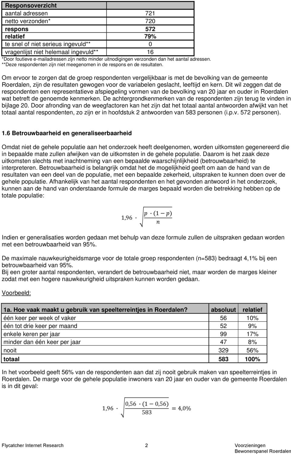 Om ervoor te zorgen dat de groep respondenten vergelijkbaar is met de bevolking van de gemeente Roerdalen, zijn de resultaten gewogen voor de variabelen geslacht, leeftijd en kern.