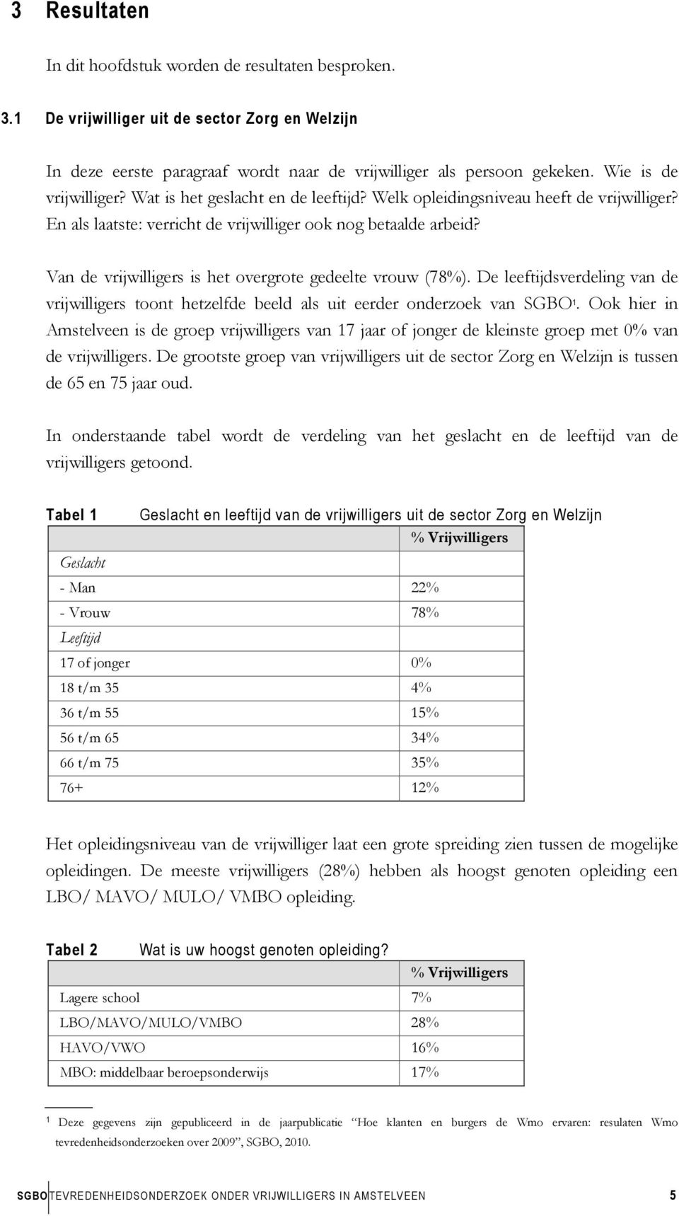 Van de vrijwilligers is het overgrote gedeelte vrouw (78%). De leeftijdsverdeling van de vrijwilligers toont hetzelfde beeld als uit eerder onderzoek van SGBO 1.